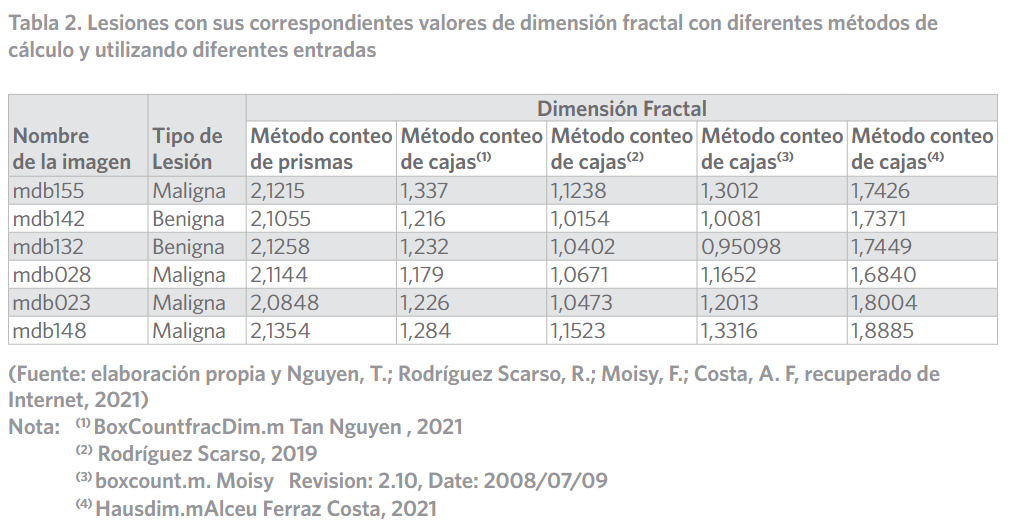 Lesiones con sus correspondientes valores de dimensión fractal con diferentes métodos de cálculo y utilizando diferentes entradas