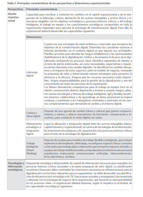 Principales características de las perspectivas y dimensiones organizacionales