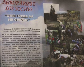 Afiche sobre el proyecto de agroparque y su historia,
a la entrada de la Casa de la Cultura de la vereda Los Soche