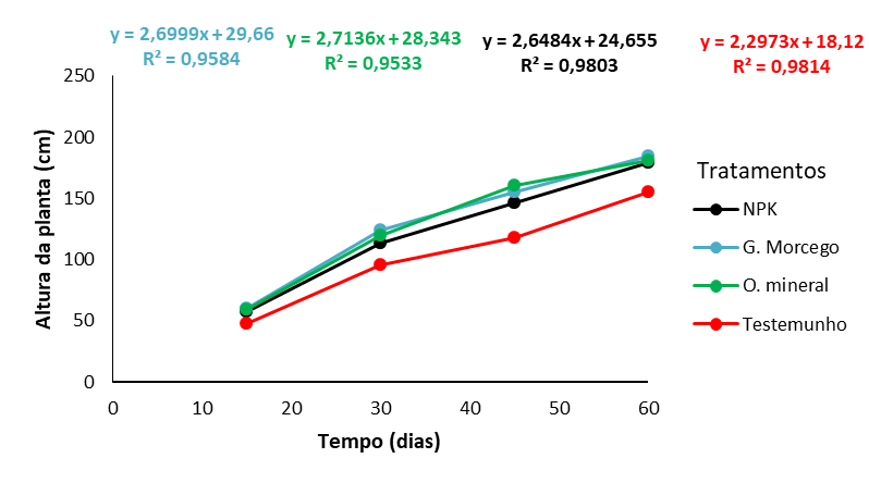 Altura das plantas (cm) em função da aplicação de fertilizantes
orgânicos, minerais e organominerais representado ao longo de 60 dias na
cultura do milho. NPK: adubo mineral (12-24-12); G. morcego: adubo orgânico
(guano de morcego); O. mineral: adubo organomineral (NPK + guano de morcego);
Testemunho (plantas isentas de adubação).