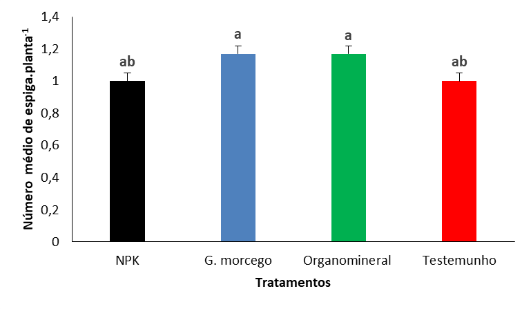 Número médio de espiga por planta, em função da aplicação de
fertilizantes orgânicos, minerais e organominerais. NPK: adubo mineral
(12-24-12); G. morcego: adubo orgânico (guano de morcego); O. mineral: adubo
organomineral (NPK + guano de morcego); Testemunho (plantas isentas de
adubação). As barras de erro representam o erro padrão. Barras com letras
iguais não apresentam diferenças significativas no teste de Duncan (P> 0.05).