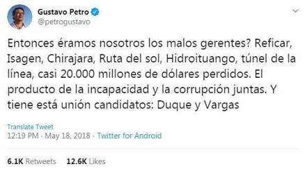 Tuit de Gustavo Petro sobre
corrupción