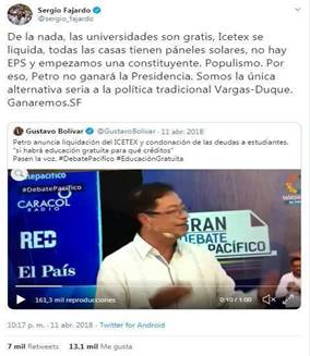 Tuit de Sergio Fajardo sobre la categoría educación