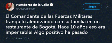Tuit de Humberto de la Calle sobre
la categoría proceso de paz