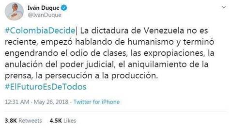 Tuit de Iván Duque sobre la
categoría castrochavismo