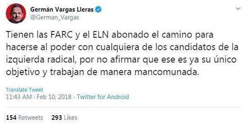 Tuit de Germán Vargas sobre la
categoría proceso de paz