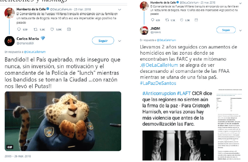 Respuestas al tuit de Humberto de
la Calle donde prima el uso de gifs, menciones y hashtags
