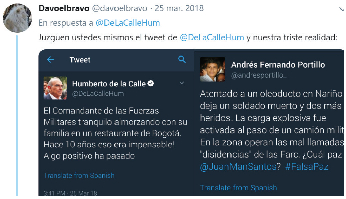 Respuestas textuales al tuit de
Humberto de la Calle