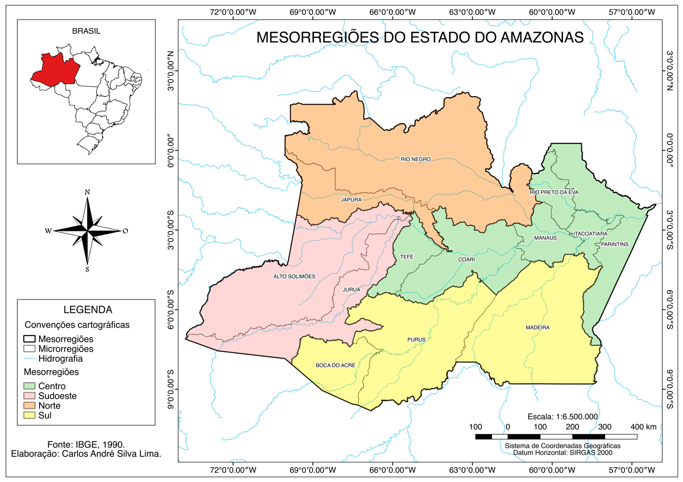 Mapa das mesorregiões do estado do Amazonas,
Brasil