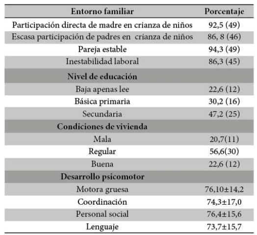 Entorno familiar y desarrollo psimotor al ingreso del niño al 
estudio n=53