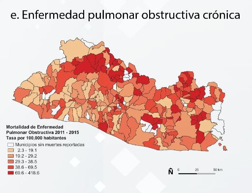 Representación geográfica de las tasas de mortalidad acumulada 2011-2015 en la población adulta de El Salvador por enfermedades no transmibles