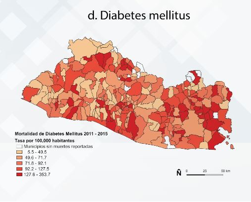 Representación geográfica de las tasas de mortalidad acumulada 2011-2015 en la población adulta de El Salvador por enfermedades no transmibles