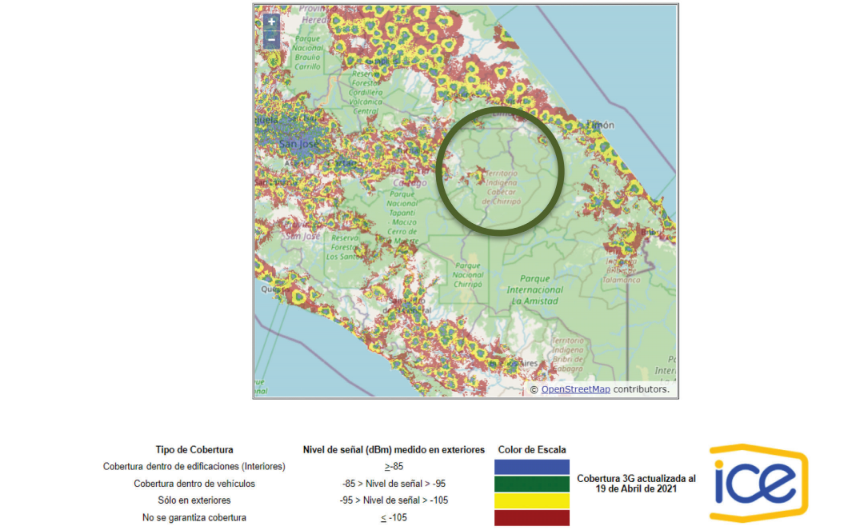 Mapa de cobertura 3G en el cantón de Chirripó.