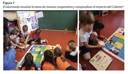 El alumnado resuelve la tarea de manera cooperativa y comprueban el trayecto del Cubetto®.