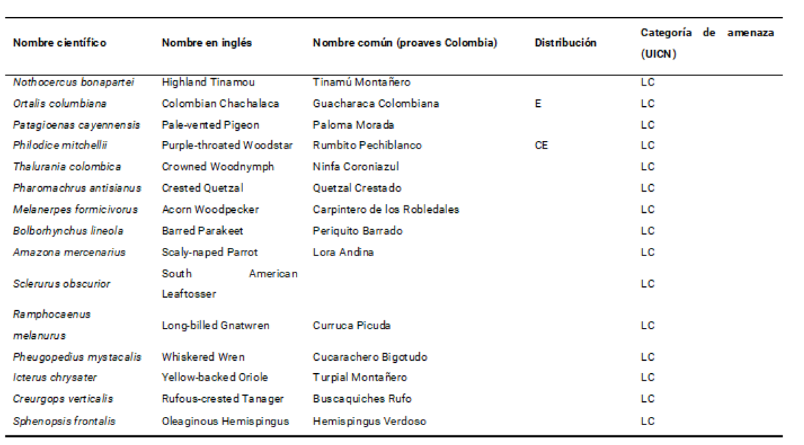 Tabla 9. Especies extirpadas hasta 1G5G en San Antonio-Km 18, recuperadas en el siglo XXI. (Palacio et al., 2017) y Presentes en finca La Florida en 2024.