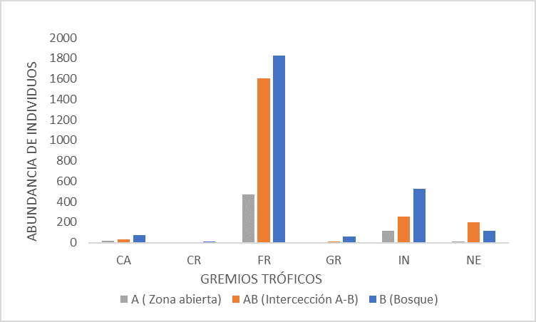Figura 4. Abundancia de individuos por gremios tr&oacute;ficos en relaci&oacute;n con las coberturas analizadas. 