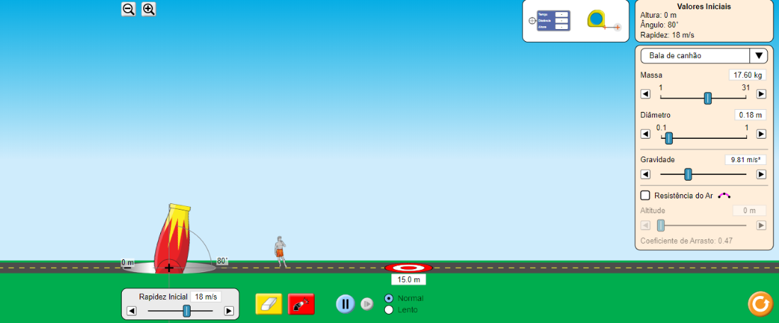 interfase do simulador Movimento de Projeteis da plataforma
PhET