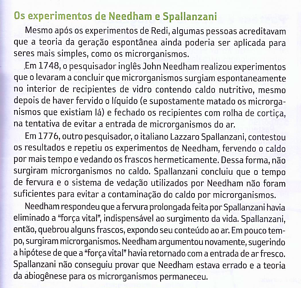 Enunciado sobre os
conflitos entre Needham e Spallanzani