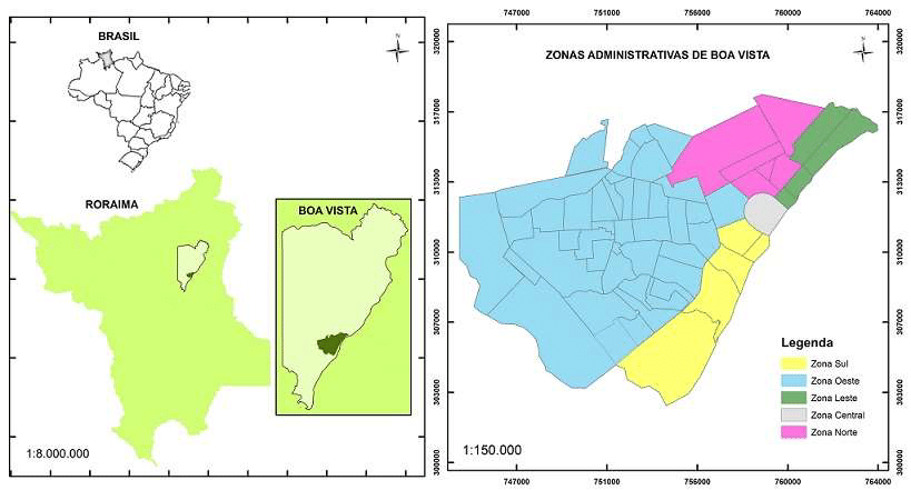 Localização geográfica
do município e zonas administrativas de Boa Vista.