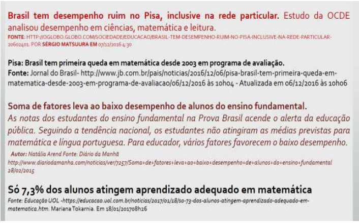 Segundo slide contendo as manchetes de reportagens (2017).
