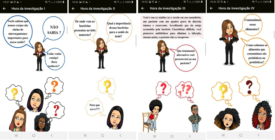 Prints das sequências investigativas
I, II, III e IV do app MicroBio Bactérias