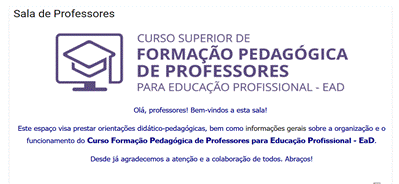 Tela inicial da sala dos professores do curso de Formação Pedagógica
