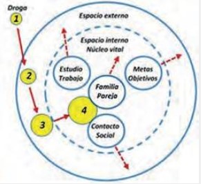  Avance de la
droga hacia el interior de la familia (consumo perju- dicial). Leyenda: (1)
consumo experimental; (2) consumo ocasional; (3) consumo habitual; (4) consumo perjudicial. Fuente: Rojas-Jara C, 2018.