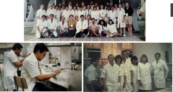 Personal que participó en los XI Juegos Deportivos Panamericanos Habana en el año 1991. Superior: grupo compuesto por el personal de los tres laboratorios participantes; abajo izquierda: Miguel Palacios
(IMD) y detrás Arístides Rosado (CENIC); abajo derecha: de izquierda a derecha, Xavier de la Torre (IMIM), Allan Karl Smith (IMIM), Ania
Valdés (CENIC), Miguel Palacios (IMD), Arístides
Rosado (CENIC), Sara Ubilla, María del Pilar Ávila y Juan I. Ustaran (ABC).