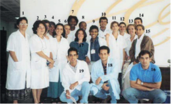 Parte del personal fundador del Laboratorio Antidoping de la Habana en el año 2002. (1) Griselda Benítez Pacheco, (2) Silda Arcay Torres, 

(3) M. Teresa Correa, (4) Odalys González
Pérez, (5) Raysa Gonzales Rivero, (6) Aimé Echevarría Aulet, (7) Roxana
Domínguez Iriarte, (8) T. Tamara Ferrer
Alcalá, (9) Iovana Fuentes Cortes, (10) Juan F. Sánchez Bruzón, (11) Tatiana
Otero Diego, (12) Ariana Rodríguez Fernández, (13) Dayamín Martínez Brito, (14) Roberto Romero Silva,
(15) Mirta Torres Castellanos, (16) Xavier de la Torre (IMIM, Barcelona), (17)
Silvia Berruezos (IMIM, Barcelona), (18) Daniel Jardines García, (19) Roberto Oropesa Rodríguez.