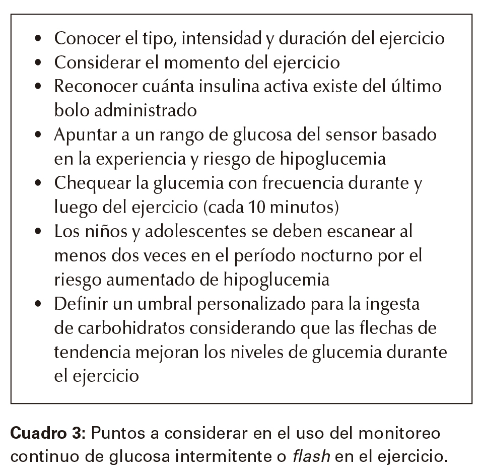 Puntos a considerar en el uso del monitoreo continuo de glucosa intermitente o flash en el ejercicio.