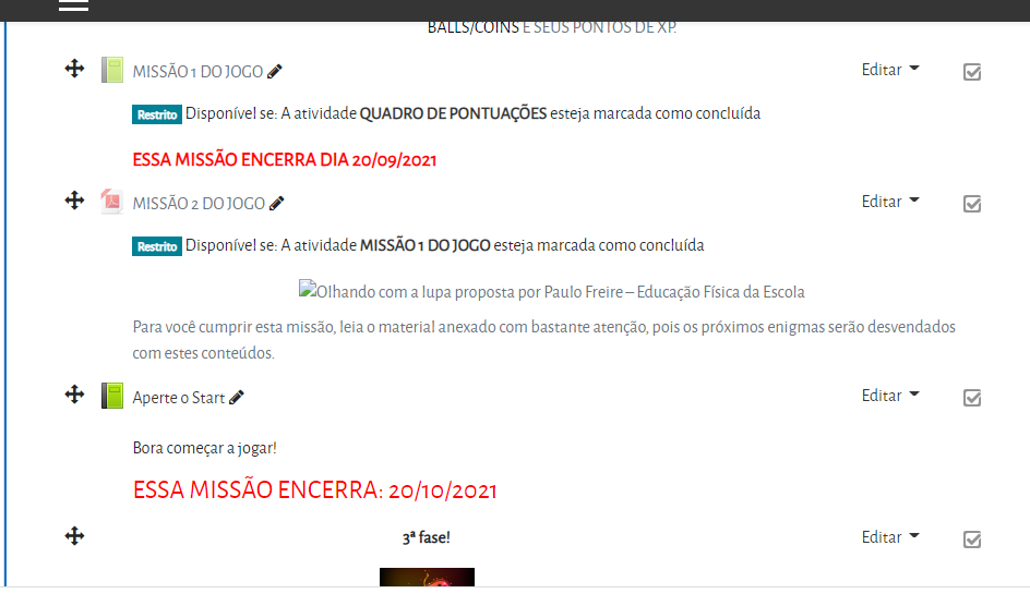 Ambiente virtual de aprendizagem, tarefa/missão com sistema de
desbloqueio