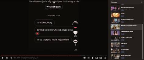 Fragment materiału commentary
podczas którego analizowany jest fragment korespondencji z aplikacji Instagram,
którą uzyskał twórca materiału audiowizualnego