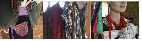 A. Shigra. B. Ponchos de Cacha. C. Collar y
pendientes de la mujer indígena. (Fotografía: Bryan Agila, 2019 Fuente: Centro
Turístico y Cultural “Pucará, Tambo”).