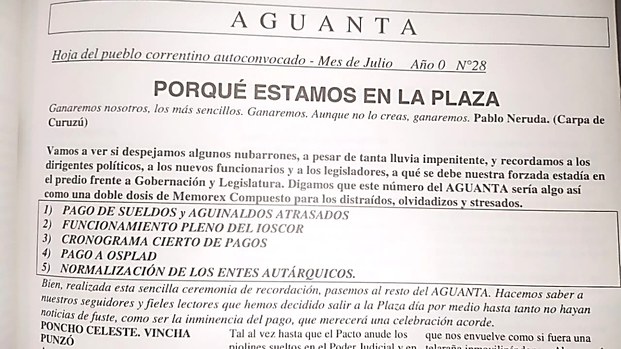 Imagen 1. Recorte del
periódico “Aguanta” (Benetti, 1999). Extraído de Por qué
estamos en la Plaza, en “Aguanta. Hoja del pueblo correntino
autoconvocado”. Mes de Julio, Año 0, Nº28.