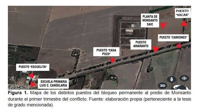 Figura
1.
Mapa de los distintos puestos del bloqueo permanente al predio de Monsanto
durante el primer trimestre del conflicto.
