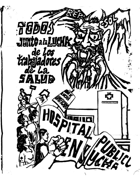 Figura 1. Afiche impreso con técnica de serigrafía en el marco de la huelga. Representación gráfica de cara del gobernador en ave de rapiña atacando a trabajadores de salud pública (archivo sindical personal).
