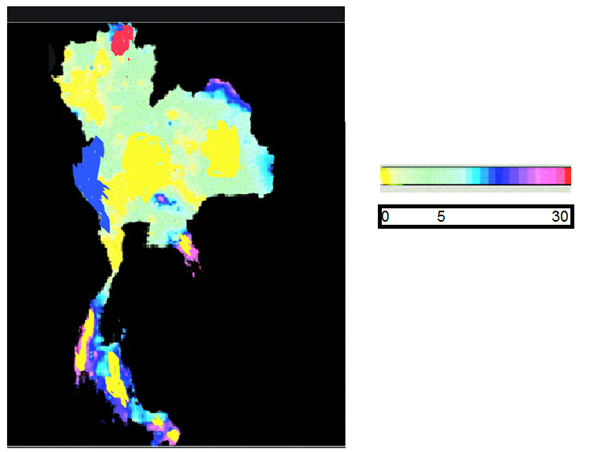GIS map showing predicted prevalence
of scrub typhus based on rainfall distribution in Thailand.