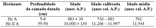 Tabela 5. Datações radiocarbônicas da MOS dos
horizontes A e II A  do Cambissolo Háplico Tb Distrofico típico do
topo 1
