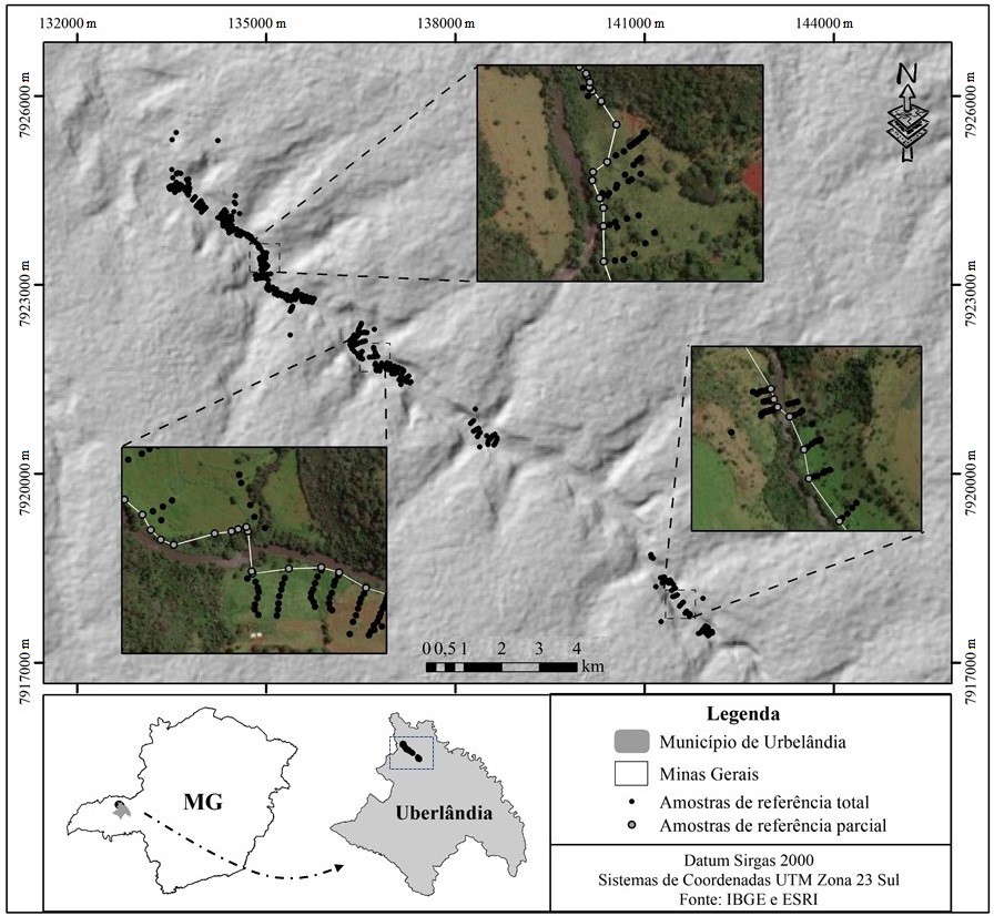 Figura 1. Mapa de
localização da área de estudo e das amostras de referência utilizadas no
estudo