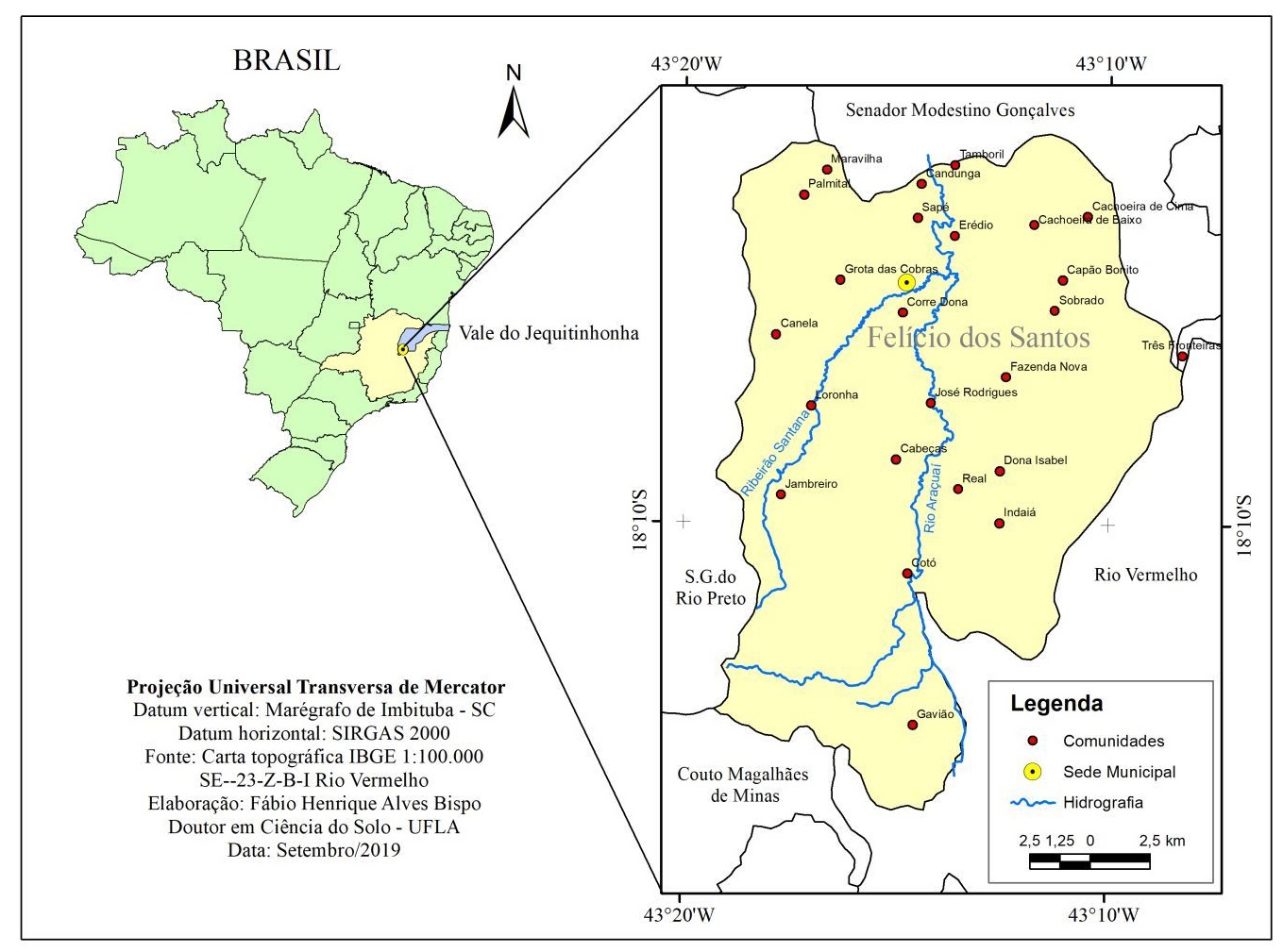 Figura 1. Localização do município
de Felício dos Santos (MG) e seus principais distritos