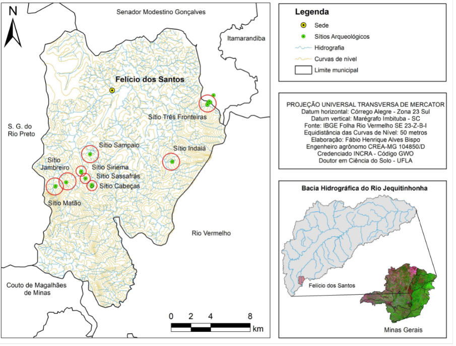 Figura 2. Localização do município de Felício dos Santos e os principais
  sítios arqueológicos em seu território