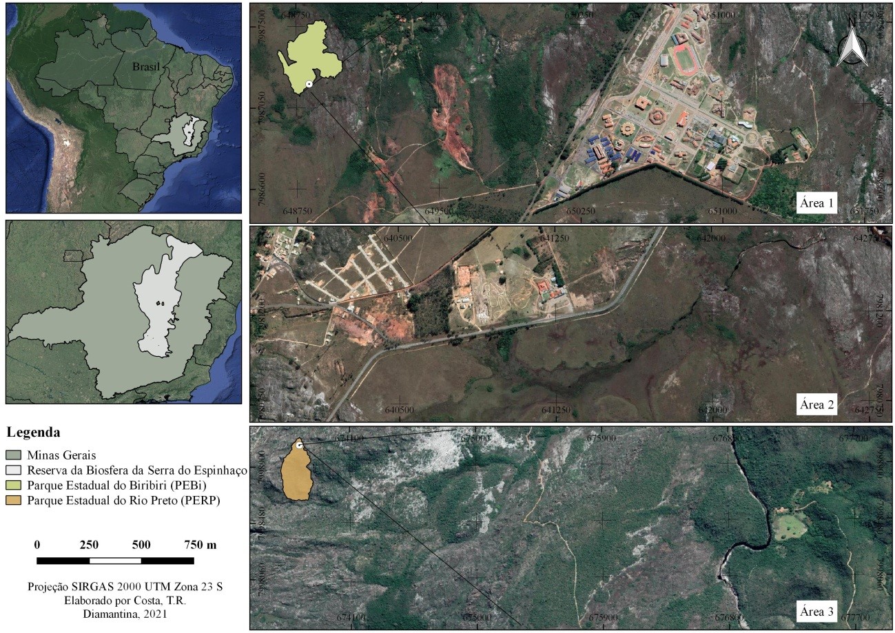 Figura 1. Localização das
áreas de estudo com destaque para Reserva da Biosfera da Serra do Espinhaço
(RBSE). Onde: Área 1 = Parque Estadual do Biribiri e
Antigo depósito de lixo de Diamantina (BL); Área 2 = Manancial APA Pau-de-Fruta
(PF); Área 3 = Parque Estadual do Rio Preto (RP)