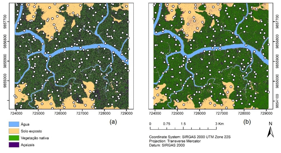 Figura 6. Classificação
obtida pelo algoritmo Iso Cluster (a) e MAXVER (b).