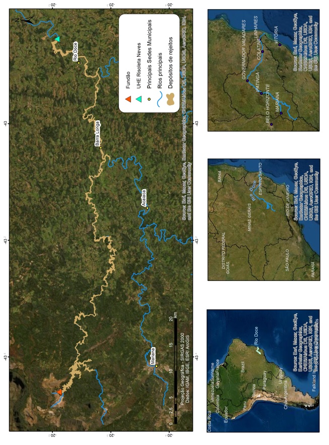 Localização do corredor
hídrico que teve os vales fluviais recobertos pelos rejeitos da Samarco