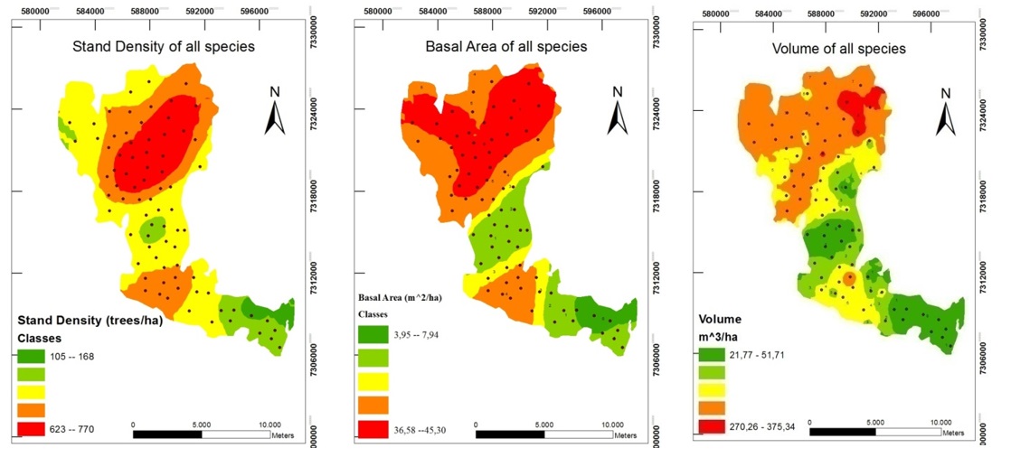 Figura 4. Mapas de
Krigagem das variáveis dendrométricas para todas as espécies.
