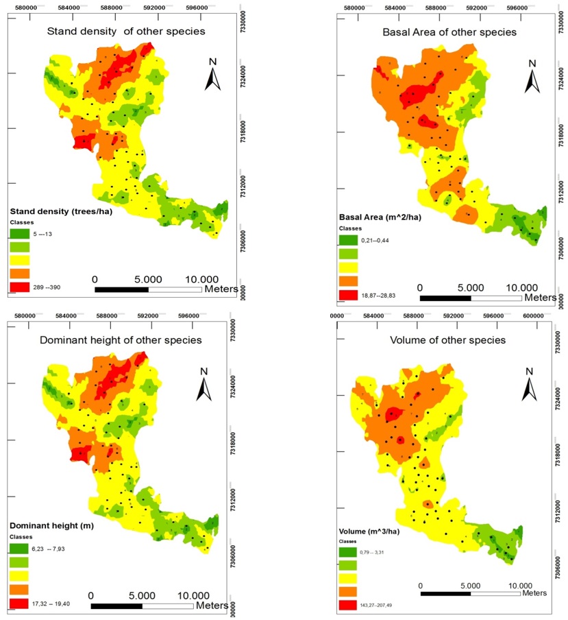 Figura 6. Mapas
de Krigagem das variáveis dendrométricas para todas as espécies,
excluindo A.
jonhsonii.