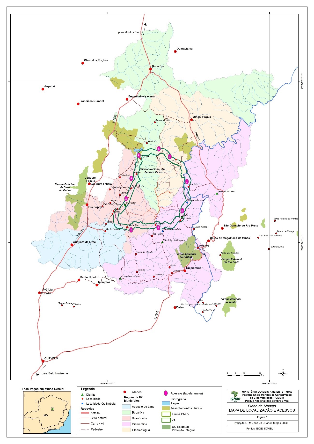 Figura 1. Localização e acessos ao Parque Nacional das Sempre-Vivas