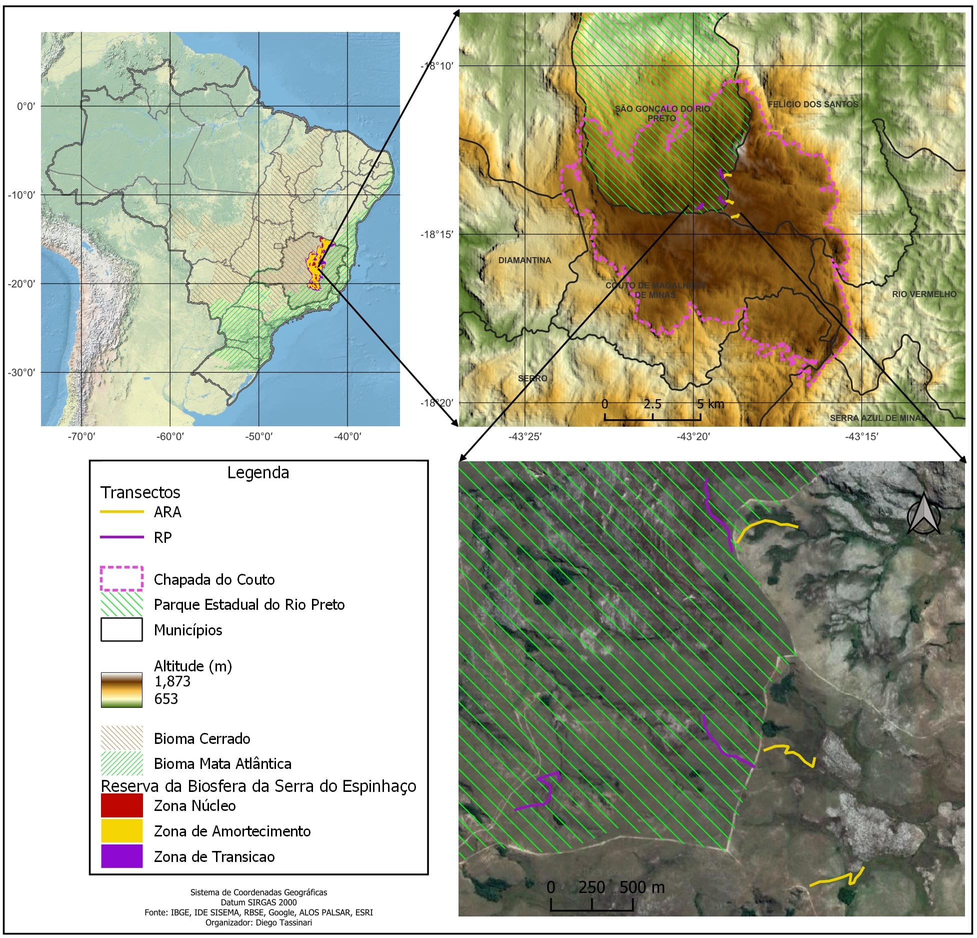 Figura 1. Localização das áreas de estudo, campos limpos, no
interior do Parque Estadual do Rio Preto (RP) e fora da Unidade de Conservação
na Bacia do Rio Araçuaí (ARA), na Reserva da Biosfera da Serra do Espinhaço
(RBSE).