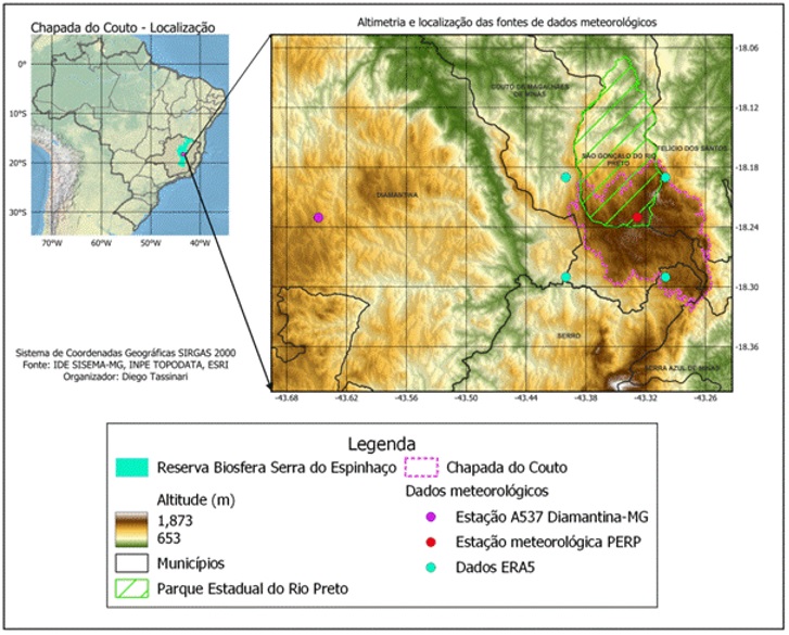 Figura 1. Localização da
Chapada do Couto na Serra do Espinhaço Meridional e dos pontos de coleta dos
dados meteorológicos empregados no presente estudo.

Fonte:
elaboração própria.