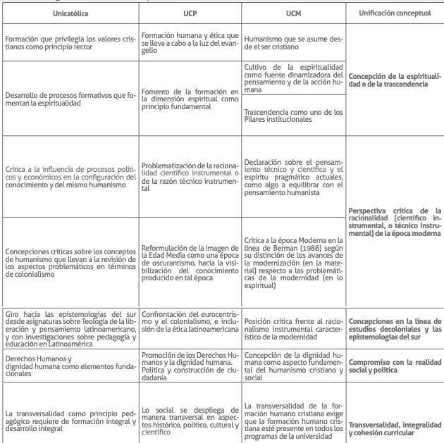 Categor&iacute;as de an&aacute;lisis compartidas entre las tres
universidades